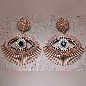 EVIL EYE EARRINGS- AB CRYSTALS , BLUE, & BLACK RHINESTONES, NEW, RETAIL $47